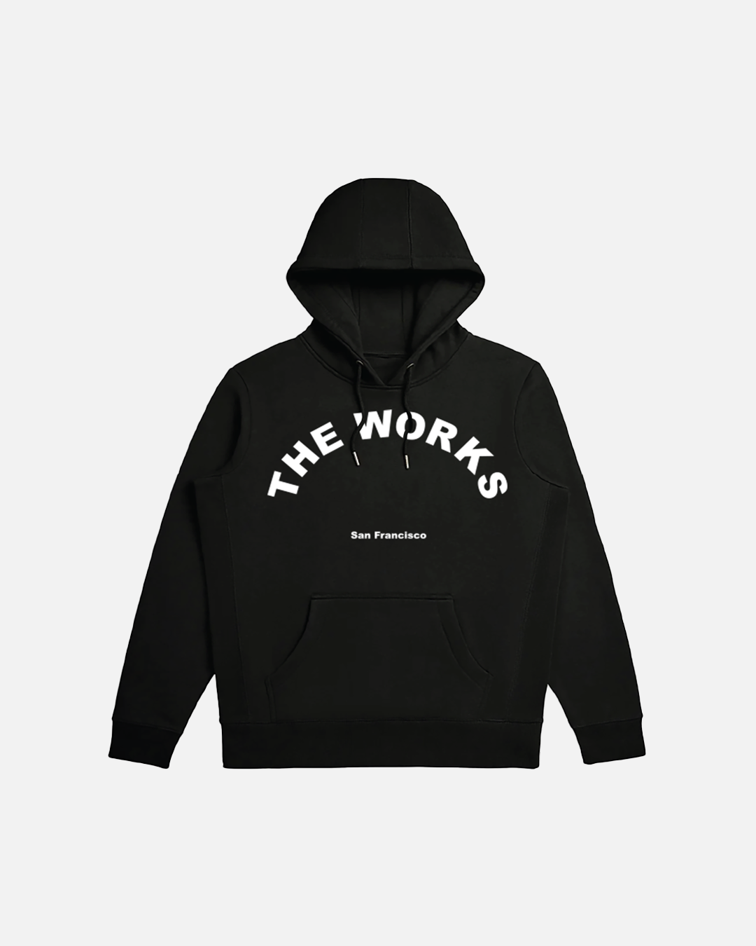 Front view of black minimalist Arc Logo hoodie by The Works NY