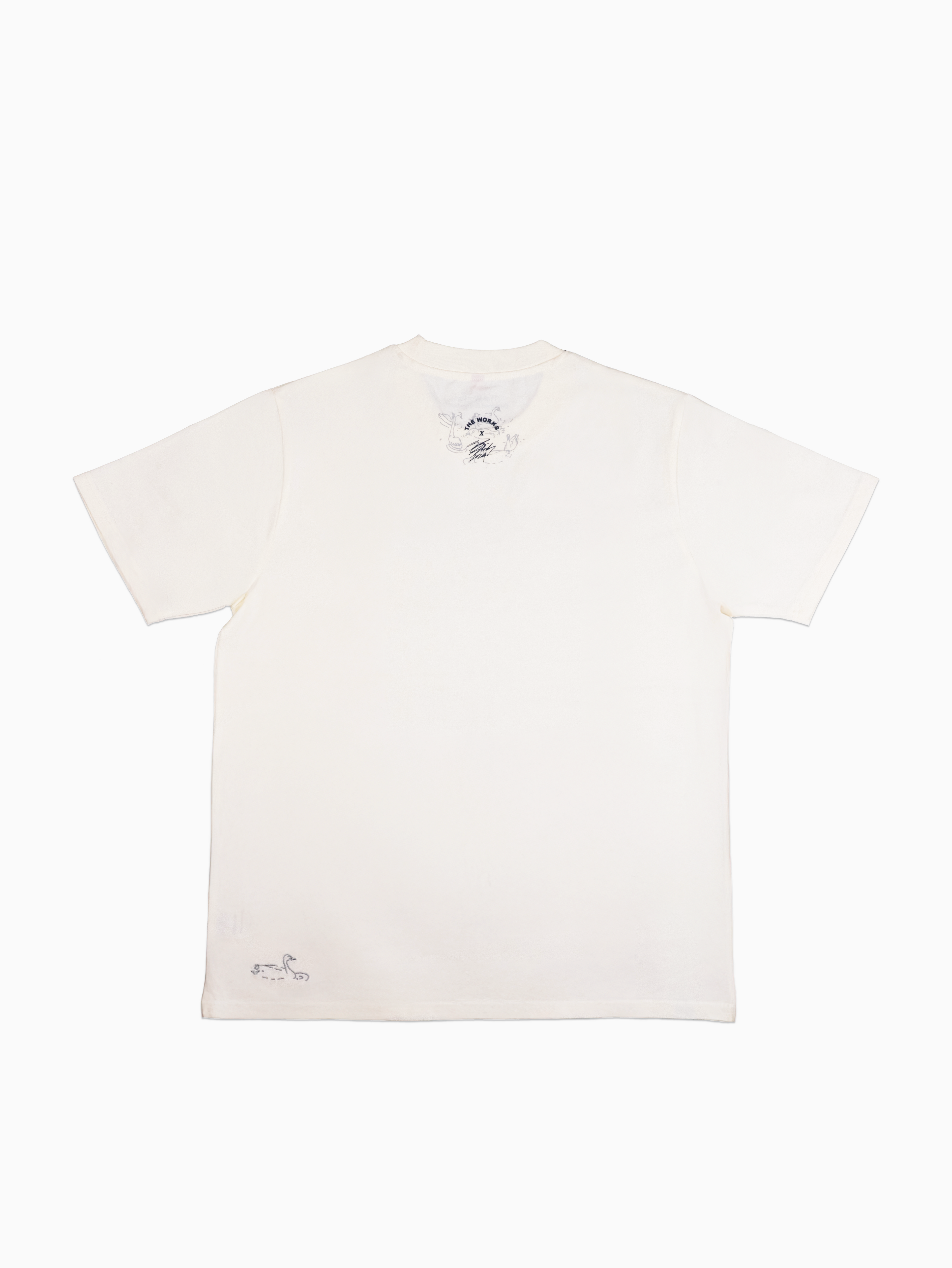 Back view of off white rCeramics swan artwork tee shirt by The Works NY
