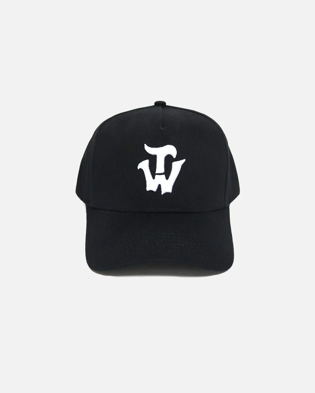 Juicy Hat in black — 5-panel snapback by The Works NY, front view