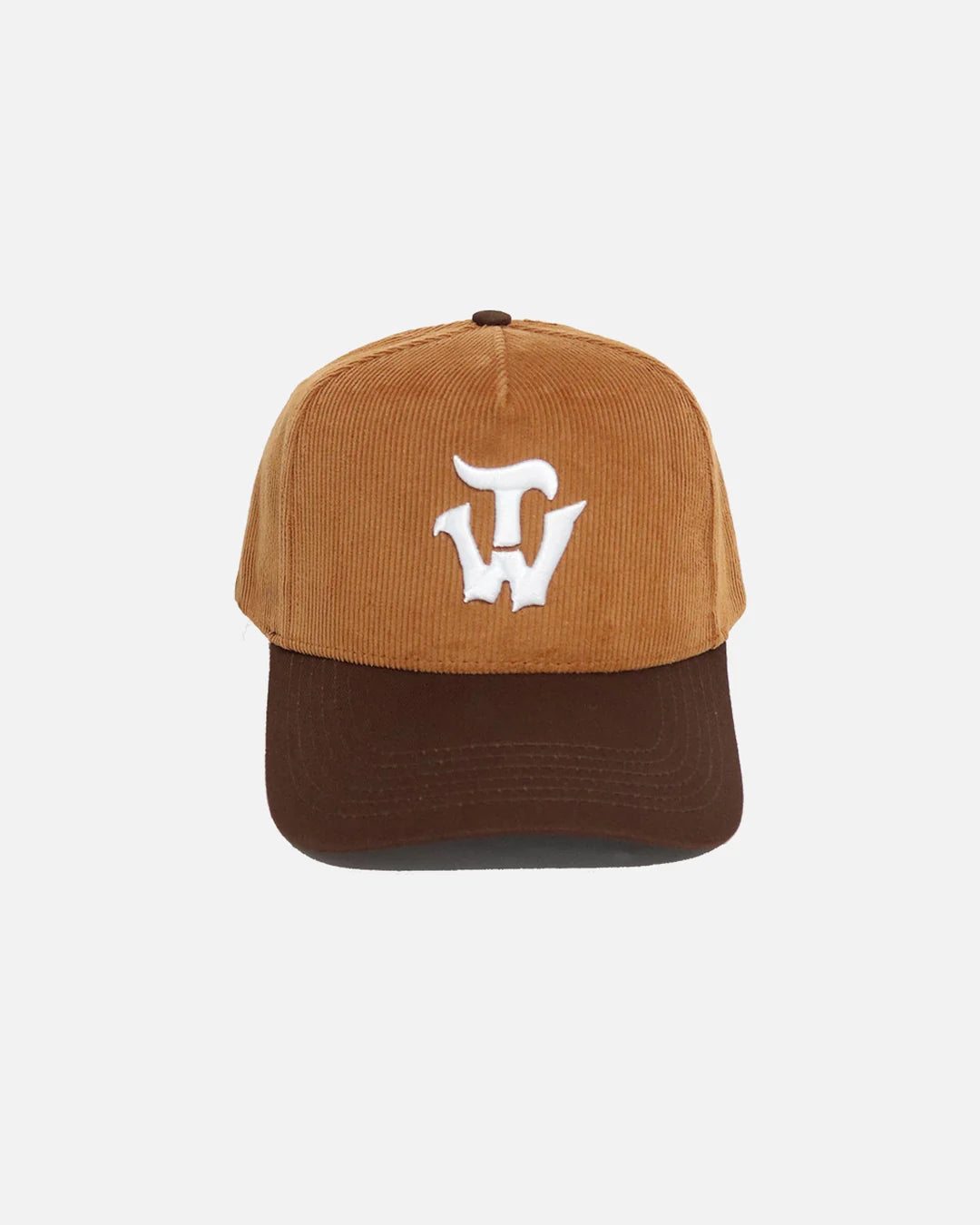 Juicy Hat in dijon-brown and chocolate corduroy — The Works NY, front view