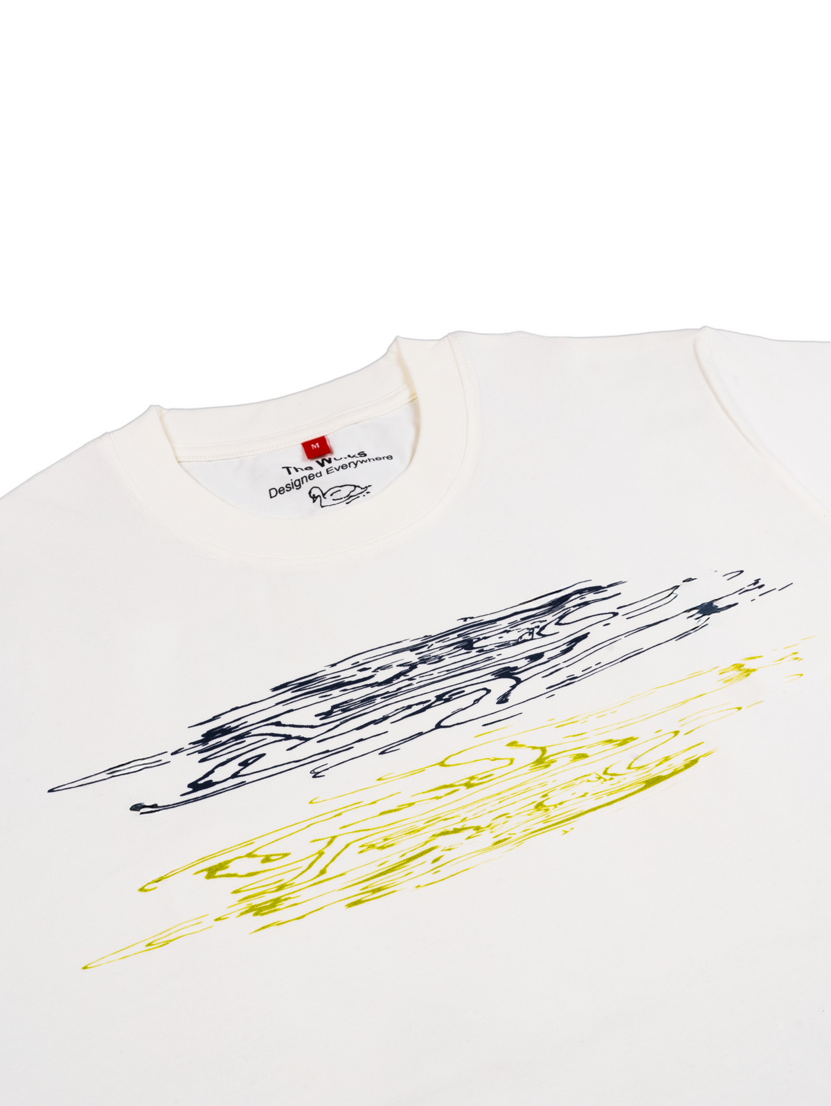 Close-up graphic view of off white rCeramics swan artwork tee shirt by The Works NY