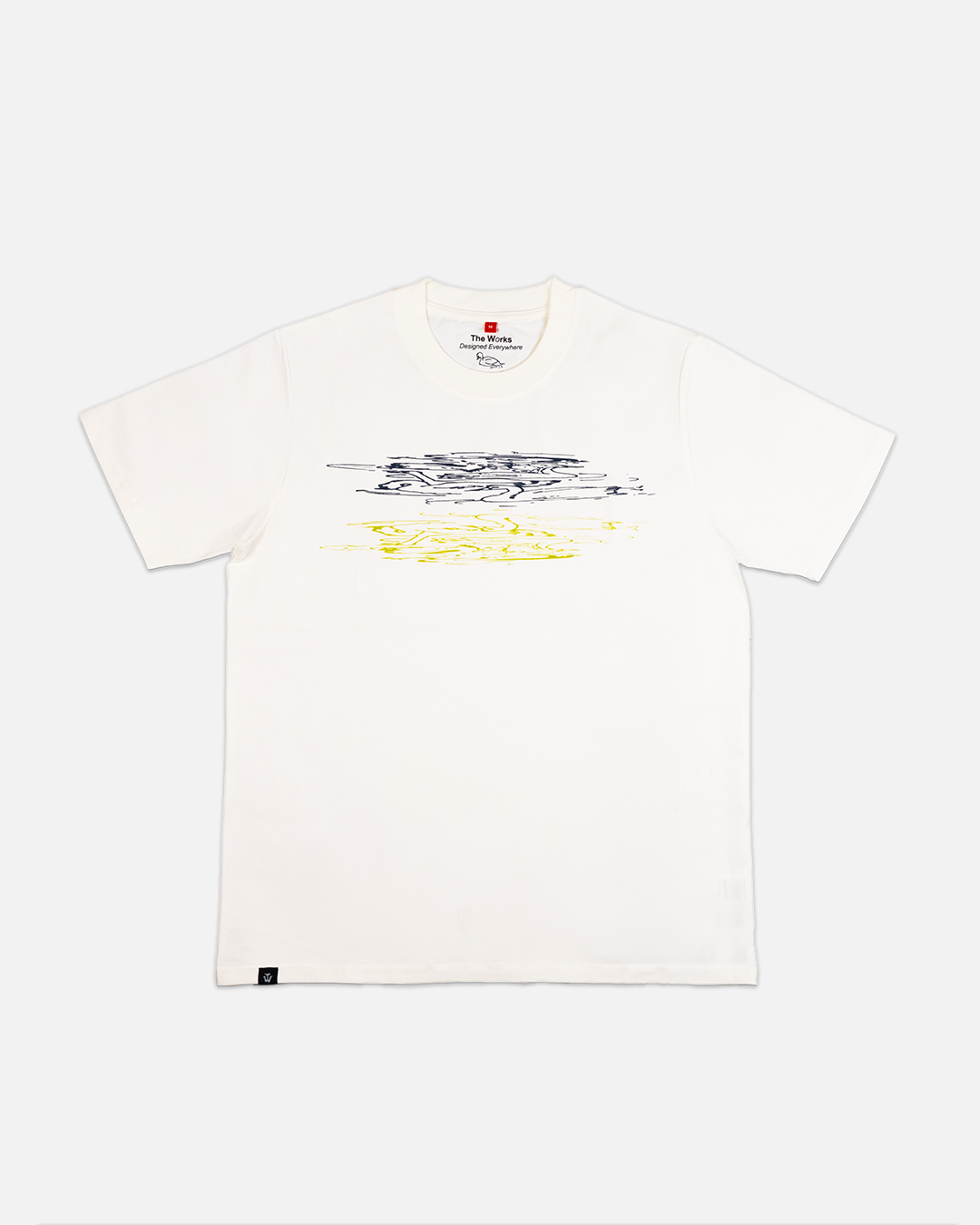 Front view of off white rCeramics swan artwork tee shirt by The Works NY