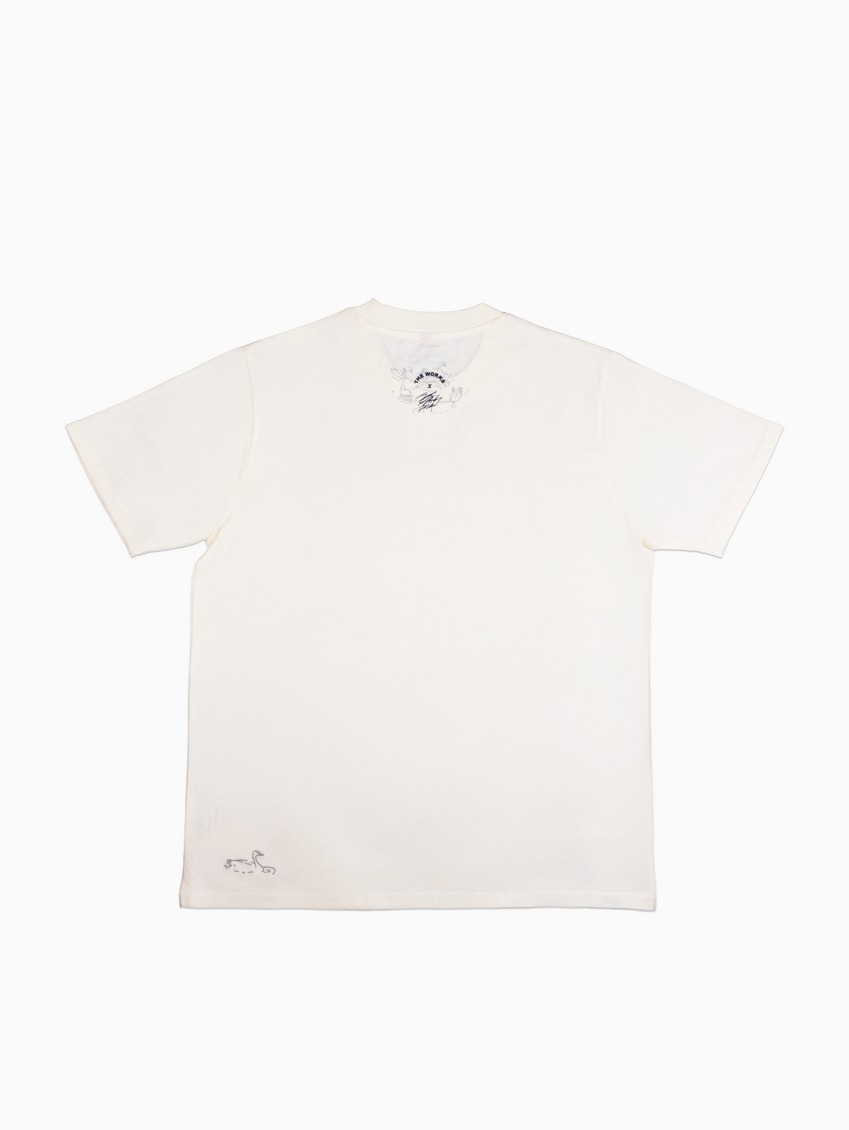 Back view of off white rCeramics swan artwork tee shirt by The Works NY