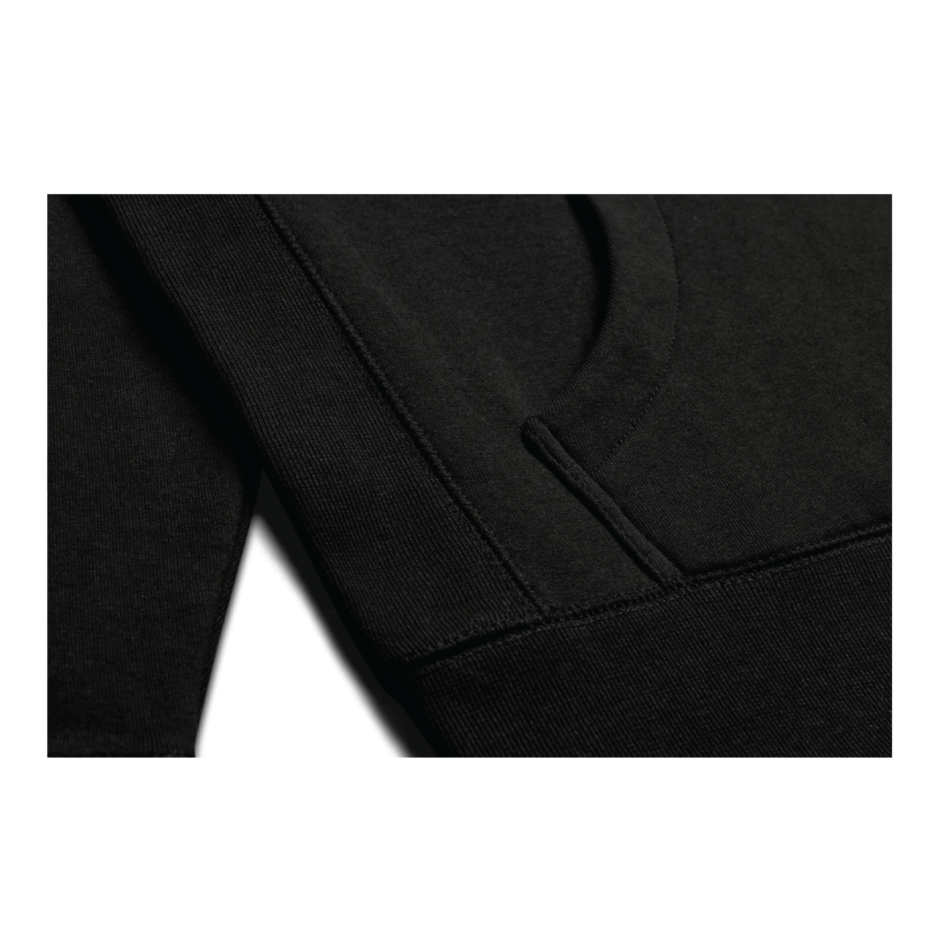 Close up stitching view of black minimalist Arc Logo hoodie by The Works NY