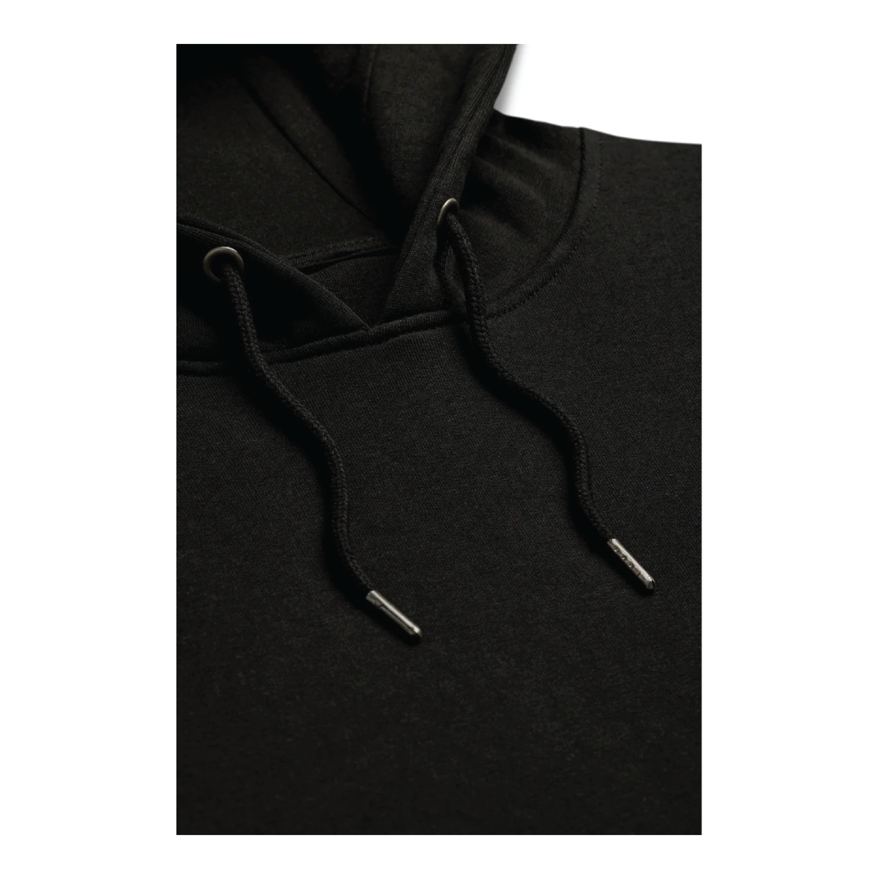 Close up drawstring view of black minimalist Arc Logo hoodie by The Works NY